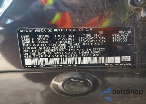 2017 Honda Hr-V Ex из США, поврежденный, VIN 3CZRU5H53HM702809